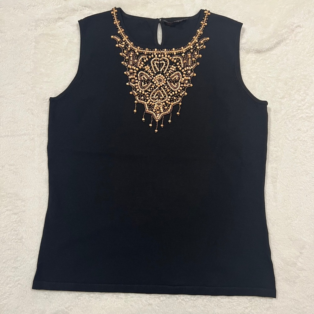 Fontana Black Sleeveless tan Beaded Neckline tank Top XL embellished